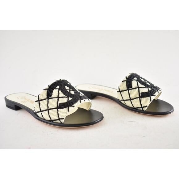 Chanel 20P Black White Pearl Embroidery CC Logo Slide Slip Sandal Mule Flat 36 - Picture 4 of 16